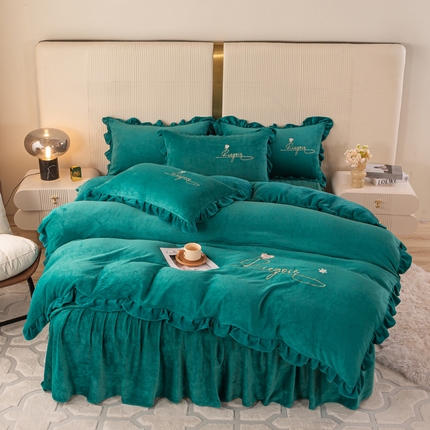 慧菲 2025新款刺绣夹棉牛奶绒床裙四件套-玫瑰花语 玫瑰花语-孔雀蓝