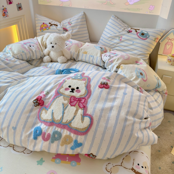 91家纺网 家纺一手货源 找家纺 曼之夏 2025新款纯棉印花加毛巾绣四件套 毛巾绣-萌宠