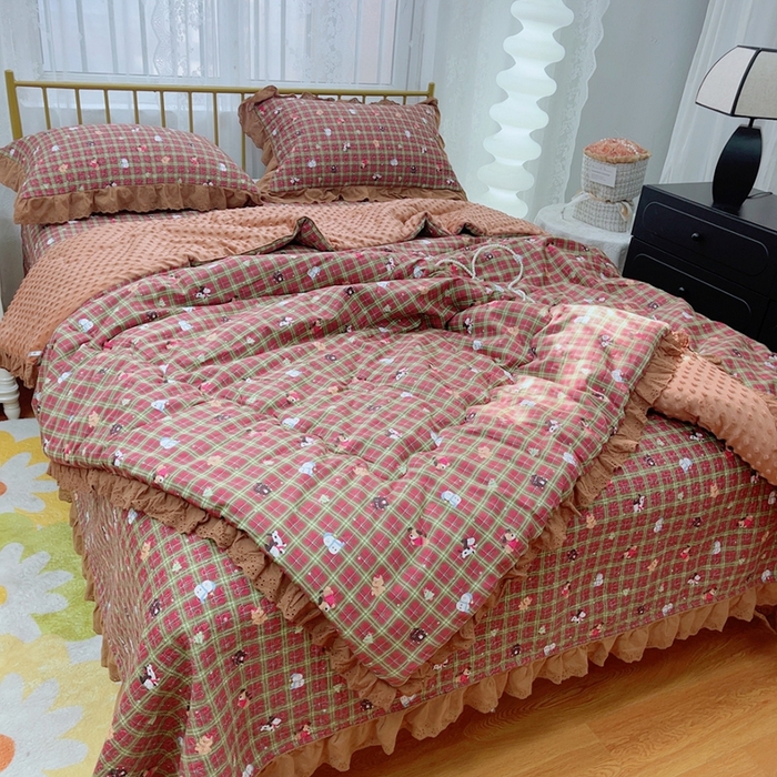 91家纺网 家纺一手货源 找家纺 韩版纯棉豆豆被床盖四件套春秋被加厚冬被同款纯棉被套砂洗棉花床盖三件套四季通用 新年圣诞