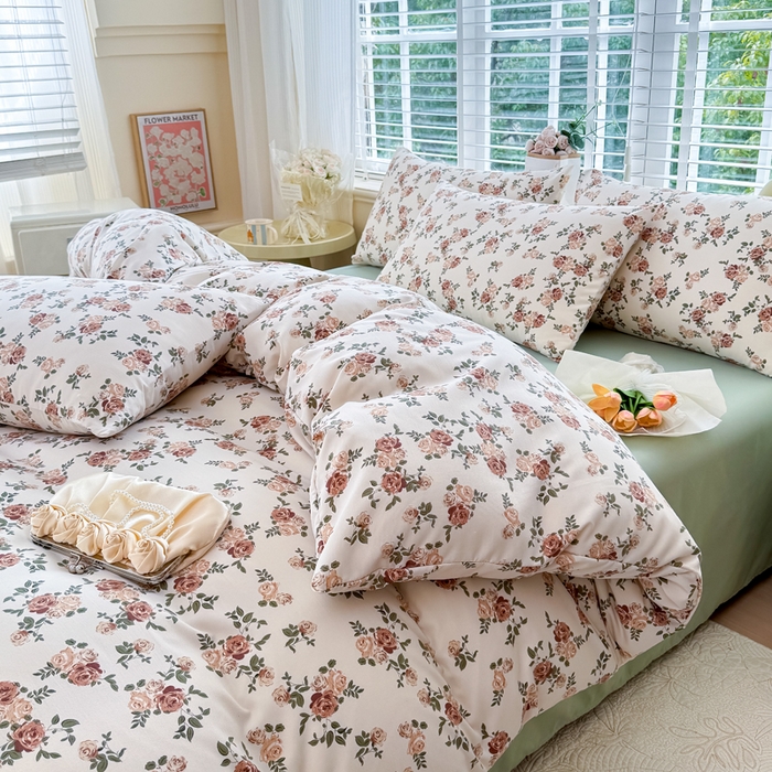 91家纺网 家纺一手货源 找家纺 金米诺 2024款A类有氧针织棉双层纱加厚四件套 花田物语