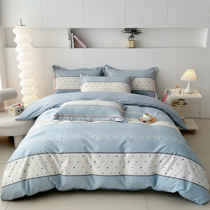 91家纺网 家纺一手货源 找家纺 2025新款133X76宽幅全棉纯棉印花系列四件套 时尚韵律-蓝