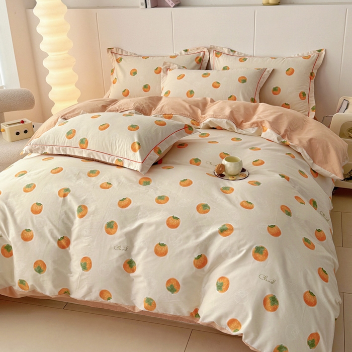 91家纺网 家纺一手货源 找家纺 2025新款133X76宽幅全棉纯棉印花系列四件套 柿如意-桔