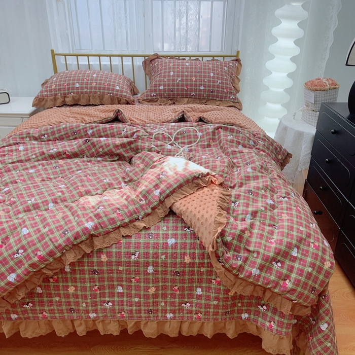 91家纺网 家纺一手货源 找家纺 韩版纯棉豆豆被床盖四件套春秋被加厚冬被同款纯棉被套砂洗棉花床盖三件套四季通用 新年圣诞