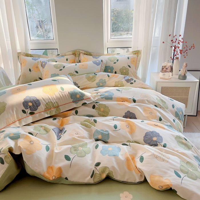 91家纺网 家纺一手货源 找家纺 2025新款133X76宽幅全棉纯棉印花系列四件套 雅卉—绿