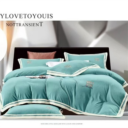 91家纺网 家纺一手货源 找家纺 保罗圣迪奥 2025新款A类高克重牛奶绒绣花四件套-米兰印象 米兰印象-青春绿