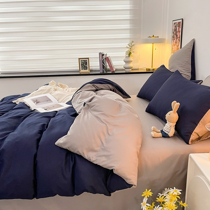 91家纺网 家纺一手货源 找家纺 赫然家纺 2026新款纯色磨毛系列床单款四件套 魅蓝+灰