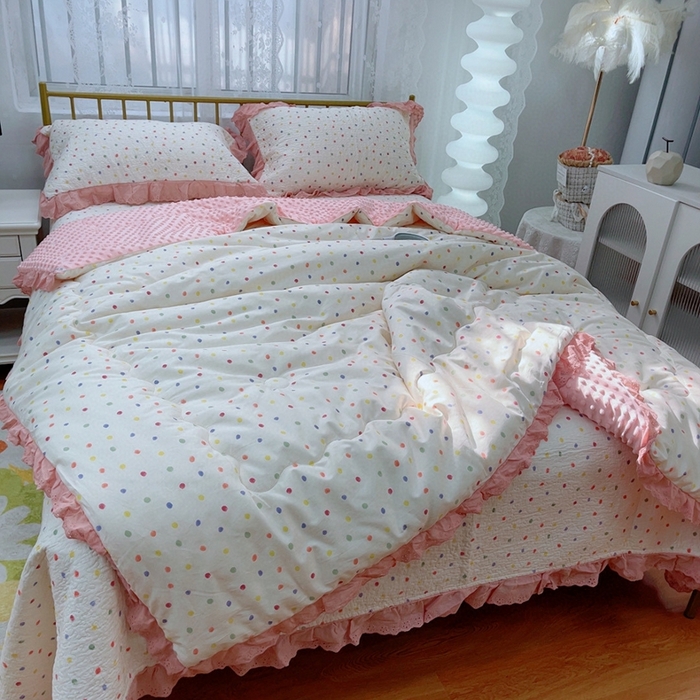 91家纺网 家纺一手货源 找家纺 韩版纯棉豆豆被床盖四件套春秋被加厚冬被同款纯棉被套砂洗棉花床盖三件套四季通用 彩色波点粉 