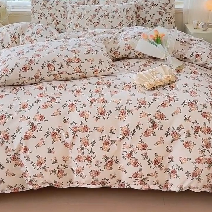 91家纺网 家纺一手货源 找家纺 金米诺 2024款A类有氧针织棉双层纱加厚四件套 花田物语