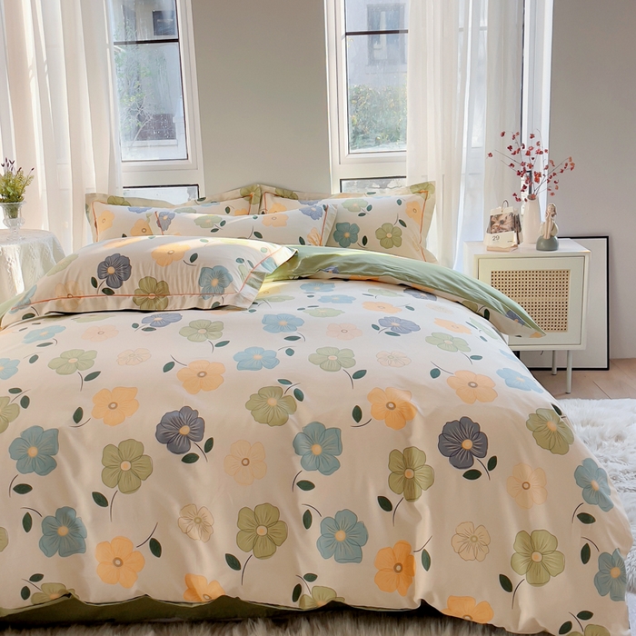 91家纺网 家纺一手货源 找家纺 2025新款133X76宽幅全棉纯棉印花系列四件套 雅卉—绿