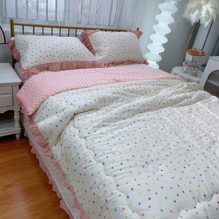91家纺网 家纺一手货源 找家纺 韩版纯棉豆豆被床盖四件套春秋被加厚冬被同款纯棉被套砂洗棉花床盖三件套四季通用 彩色波点粉 