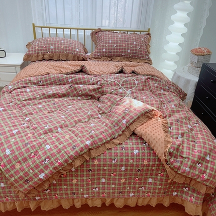 韩版纯棉豆豆被床盖四件套春秋被加厚冬被同款纯棉被套砂洗棉花床盖三件套四季通用 新年圣诞