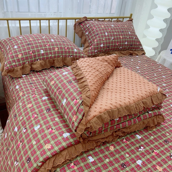 91家纺网 家纺一手货源 找家纺 韩版纯棉豆豆被床盖四件套春秋被加厚冬被同款纯棉被套砂洗棉花床盖三件套四季通用 新年圣诞