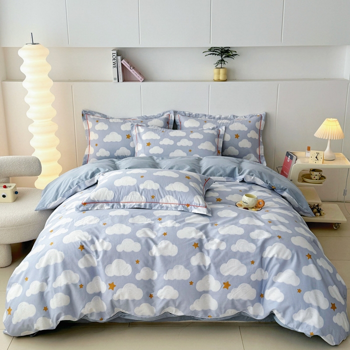 91家纺网 家纺一手货源 找家纺 2025新款133X76宽幅全棉纯棉印花系列四件套 踏浪-蓝