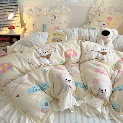 91家纺网 家纺一手货源 找家纺 （总）瑞莱 2025韩式INS减龄花边款全棉四件套-卡通系列