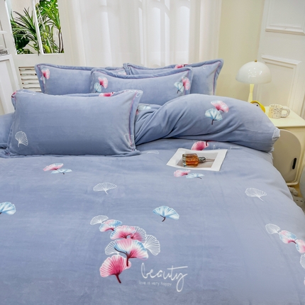 91家纺网 家纺一手货源 找家纺 (买家秀 爆款不断货）A类母婴级双面牛奶绒四件套珊瑚绒雪花绒四件套AB版高克重牛奶绒四件套纯色牛奶绒 银杏叶-灰