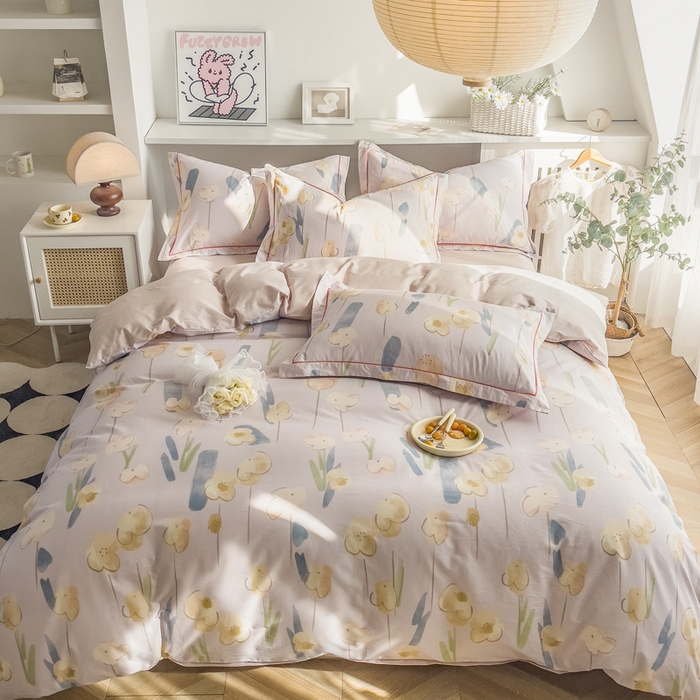 91家纺网 家纺一手货源 找家纺 2025新款133X76宽幅全棉纯棉印花系列四件套 木槿-粉