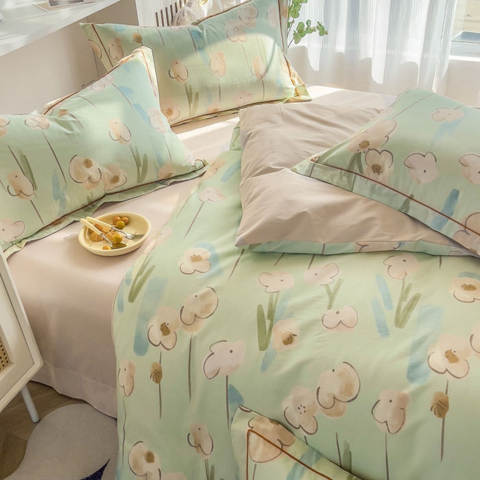 91家纺网 家纺一手货源 找家纺 2025新款133X76宽幅全棉纯棉印花系列四件套 木槿-绿