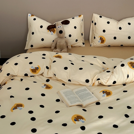 绫韵家纺 2025春夏新品母婴A类全棉纯棉针织棉软糯糯小可爱卡通床单款四件套 波点狗