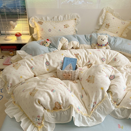 91家纺网 家纺一手货源 找家纺 （总）瑞莱 2025韩式INS减龄花边款全棉四件套-卡通系列