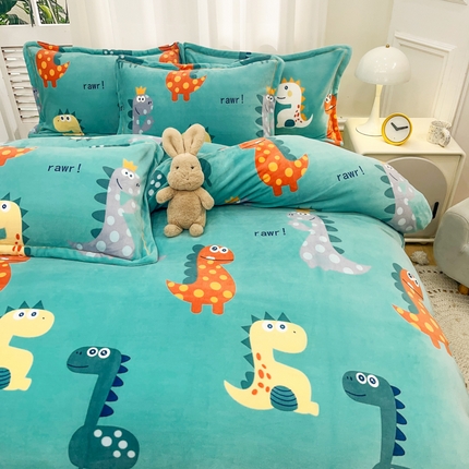 91家纺网 家纺一手货源 找家纺 (买家秀 爆款不断货）A类母婴级双面牛奶绒四件套珊瑚绒雪花绒四件套AB版高克重牛奶绒四件套纯色牛奶绒 恐龙-绿