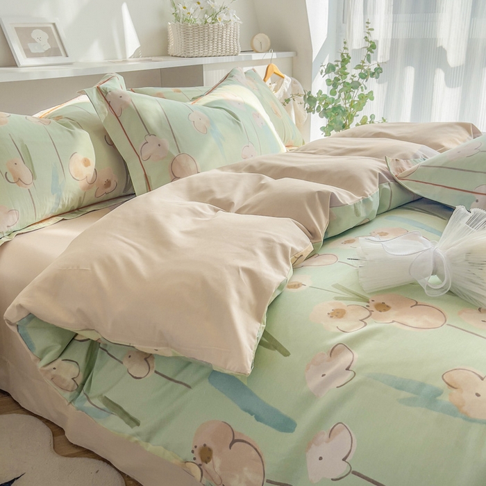 91家纺网 家纺一手货源 找家纺 2025新款133X76宽幅全棉纯棉印花系列四件套 木槿-绿