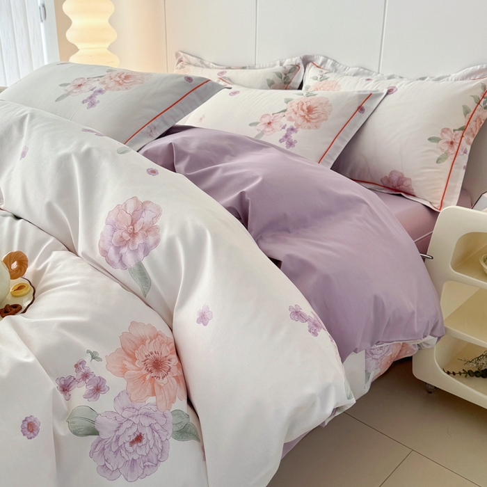 91家纺网 家纺一手货源 找家纺 2025新款133X76宽幅全棉纯棉印花系列四件套 长相思-紫