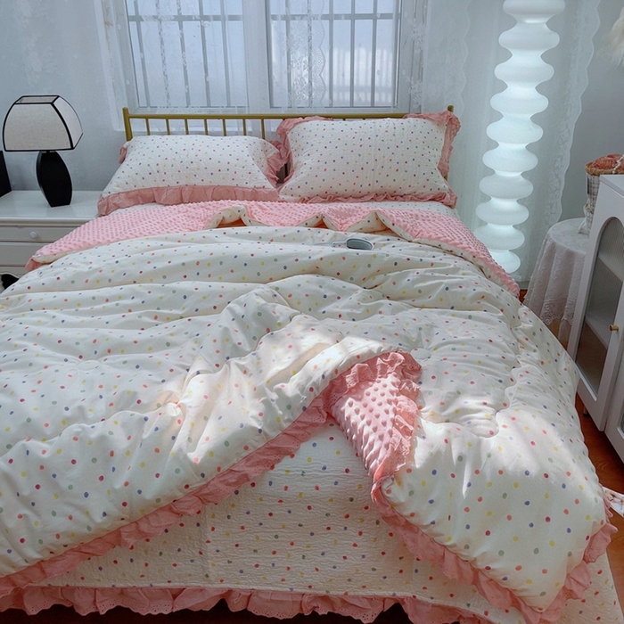 91家纺网 家纺一手货源 找家纺 韩版纯棉豆豆被床盖四件套春秋被加厚冬被同款纯棉被套砂洗棉花床盖三件套四季通用 彩色波点粉 