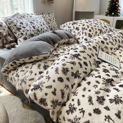 91家纺网 家纺一手货源 找家纺 （买家秀 爆款不断货）A类母婴级双面牛奶绒四件套珊瑚绒雪花绒四件套AB版高克重卡通牛奶绒四件套花卉 花田妙语