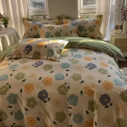 91家纺网 家纺一手货源 找家纺 2025新款133X76宽幅全棉纯棉印花系列四件套 雅卉—绿