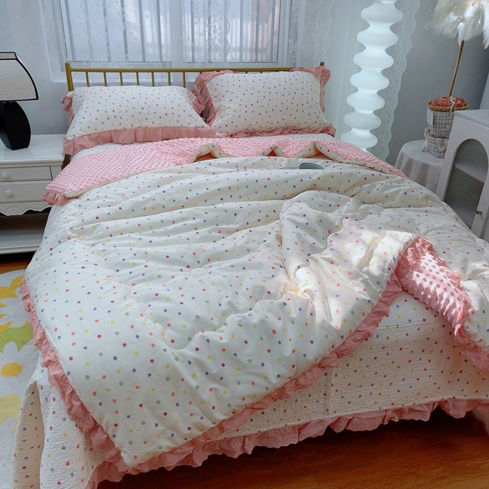 91家纺网 家纺一手货源 找家纺 韩版纯棉豆豆被床盖四件套春秋被加厚冬被同款纯棉被套砂洗棉花床盖三件套四季通用 彩色波点粉 