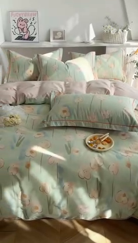 91家纺网 家纺一手货源 找家纺 2025新款133X76宽幅全棉纯棉印花系列四件套 木槿-绿