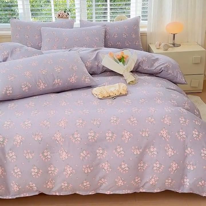 91家纺网 家纺一手货源 找家纺 金米诺 2024款A类有氧针织棉双层纱加厚四件套 花俏