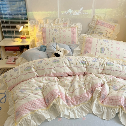 91家纺网 家纺一手货源 找家纺 （总）瑞莱 2025韩式INS减龄花边款全棉四件套-卡通系列