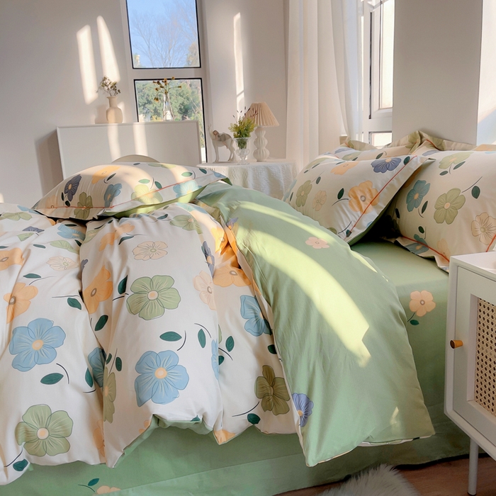 91家纺网 家纺一手货源 找家纺 2025新款133X76宽幅全棉纯棉印花系列四件套 雅卉—绿