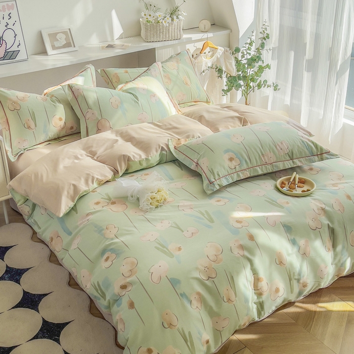 91家纺网 家纺一手货源 找家纺 2025新款133X76宽幅全棉纯棉印花系列四件套 木槿-绿