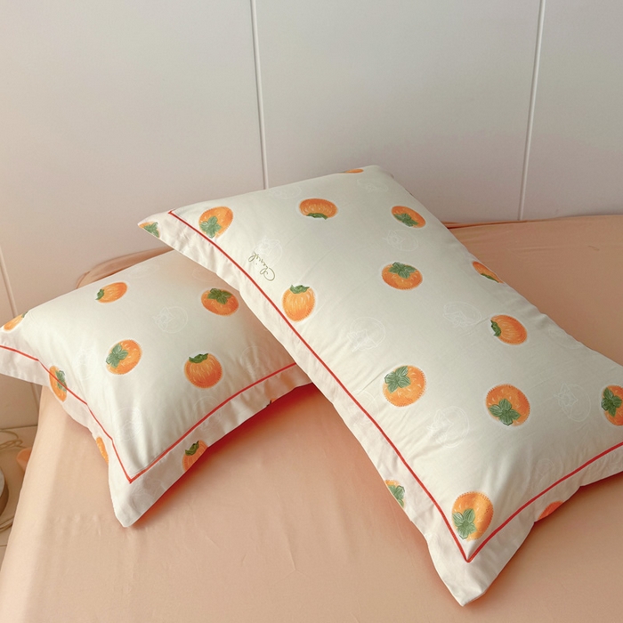 91家纺网 家纺一手货源 找家纺 2025新款13376宽幅全棉印花单枕套系列（有单品可定制） 柿如意-桔