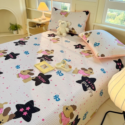 91家纺网 家纺一手货源 找家纺 （买家秀爆款花色不断货）A类母婴级纯棉床盖三件套全棉床盖三件套夹棉床盖三件套榻榻米纯棉床单炕盖三件套 甜酷小狗【A类母婴级 100%纯棉】