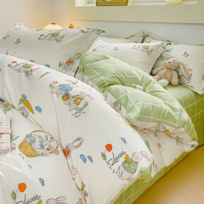 91家纺网 家纺一手货源 找家纺 2023-2024新款13070全棉好卖花型套件系列-四件套 收获满满绿格