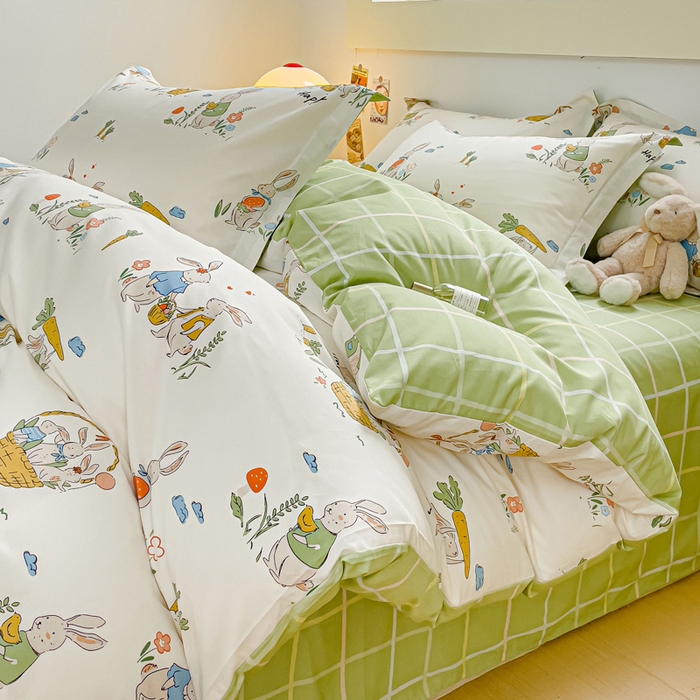 91家纺网 家纺一手货源 找家纺 2023-2024新款13070全棉好卖花型套件系列-单床笠 收获满满绿格