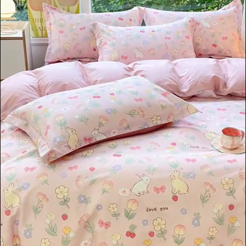 91家纺网 家纺一手货源 找家纺 2023-2024新款13070全棉好卖花型套件系列-四件套 荷枝桃桃