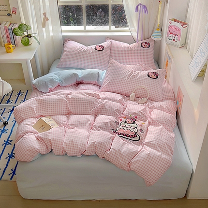 韩秀家纺 2025加厚110g超柔纯色印花亲肤云朵棉ins毛巾绣有氧水洗棉四件套-蛋糕和兔 蛋糕派对粉格