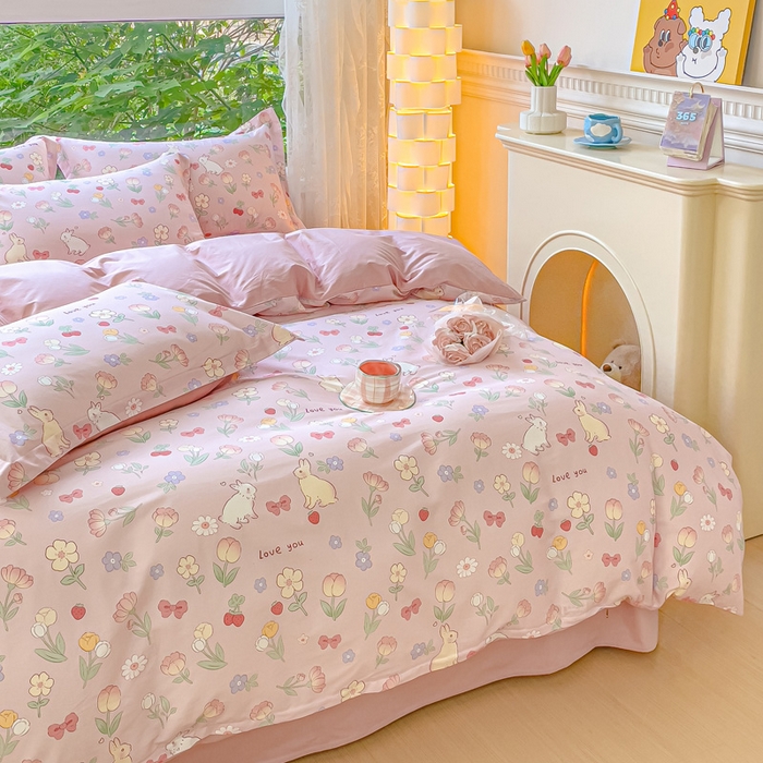 91家纺网 家纺一手货源 找家纺 2023-2024新款13070全棉好卖花型套件系列-四件套 荷枝桃桃