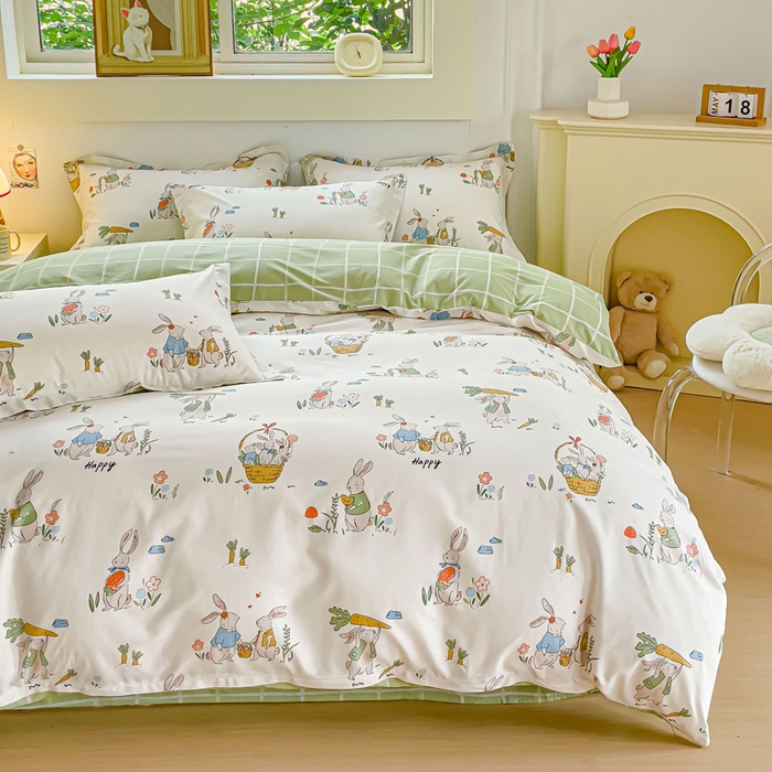 91家纺网 家纺一手货源 找家纺 2023-2024新款13070全棉好卖花型套件系列-四件套 收获满满绿格