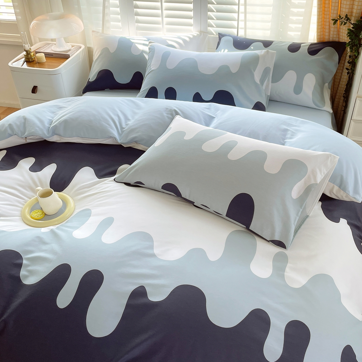 91家纺网 家纺一手货源 找家纺 2023-2024新款13070全棉好卖花型套件系列-四件套 奶油蓝