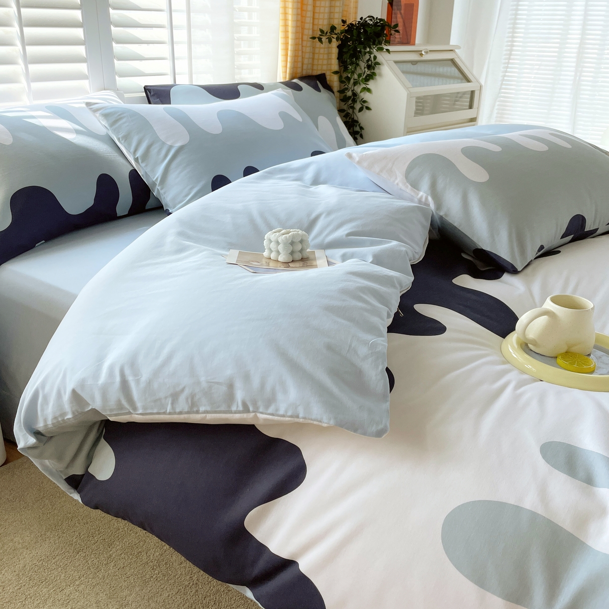 91家纺网 家纺一手货源 找家纺 2023-2024新款13070全棉好卖花型套件系列-四件套 奶油蓝