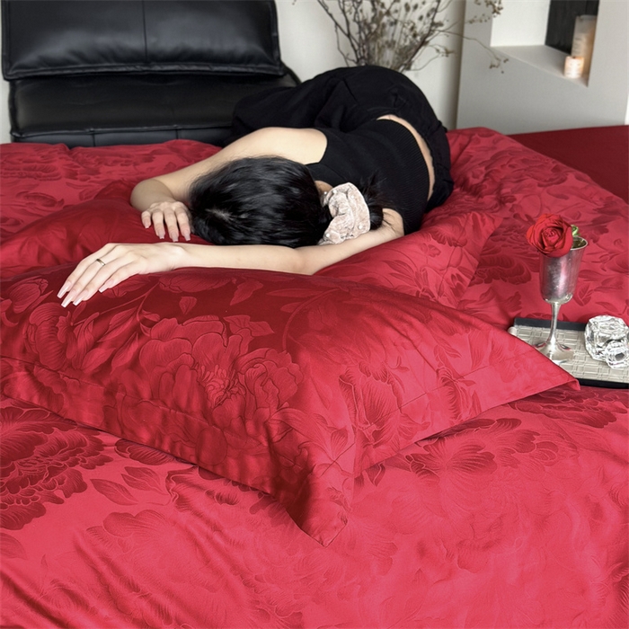 91家纺网 家纺一手货源 找家纺 鹿班家居 2025新款100S长绒棉精美提花系列四件套-玫瑰美遇（标准会员-20） 玫瑰美遇-红色