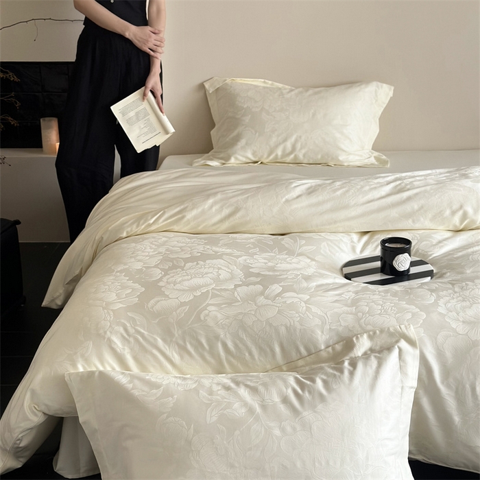 91家纺网 家纺一手货源 找家纺 鹿班家居 2025新款100S长绒棉精美提花系列四件套-玫瑰美遇（标准会员-20） 玫瑰美遇-白色