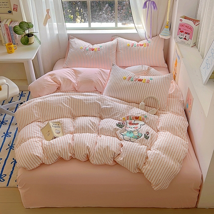 韩秀家纺 2025加厚110g超柔纯色印花亲肤云朵棉ins毛巾绣有氧水洗棉四件套-蛋糕和兔 可爱兔云粉色