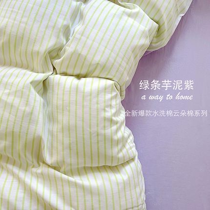 韩秀家纺 2024新款超柔水洗棉双层纱大眼睛款印花四件套 绿条芋泥紫