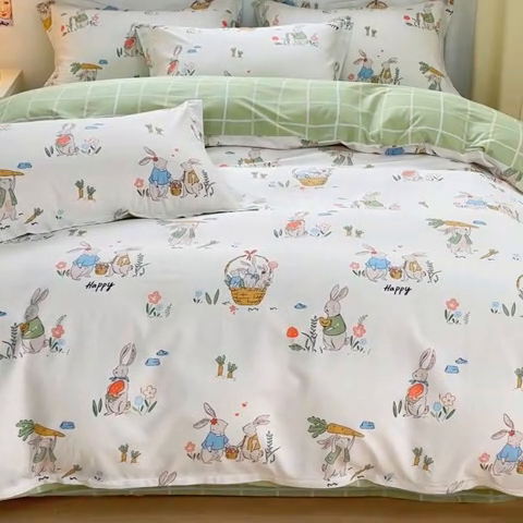 91家纺网 家纺一手货源 找家纺 2023-2024新款13070全棉好卖花型套件系列-四件套 收获满满绿格